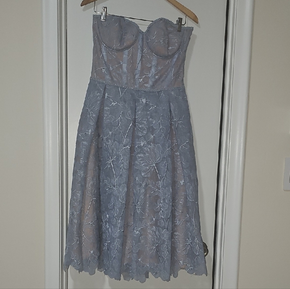 NADINE MERABI Strapless Lace Dress in Light Blue